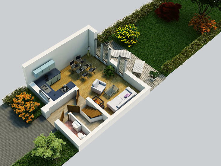wizualizacja 3D domu z ogrodem