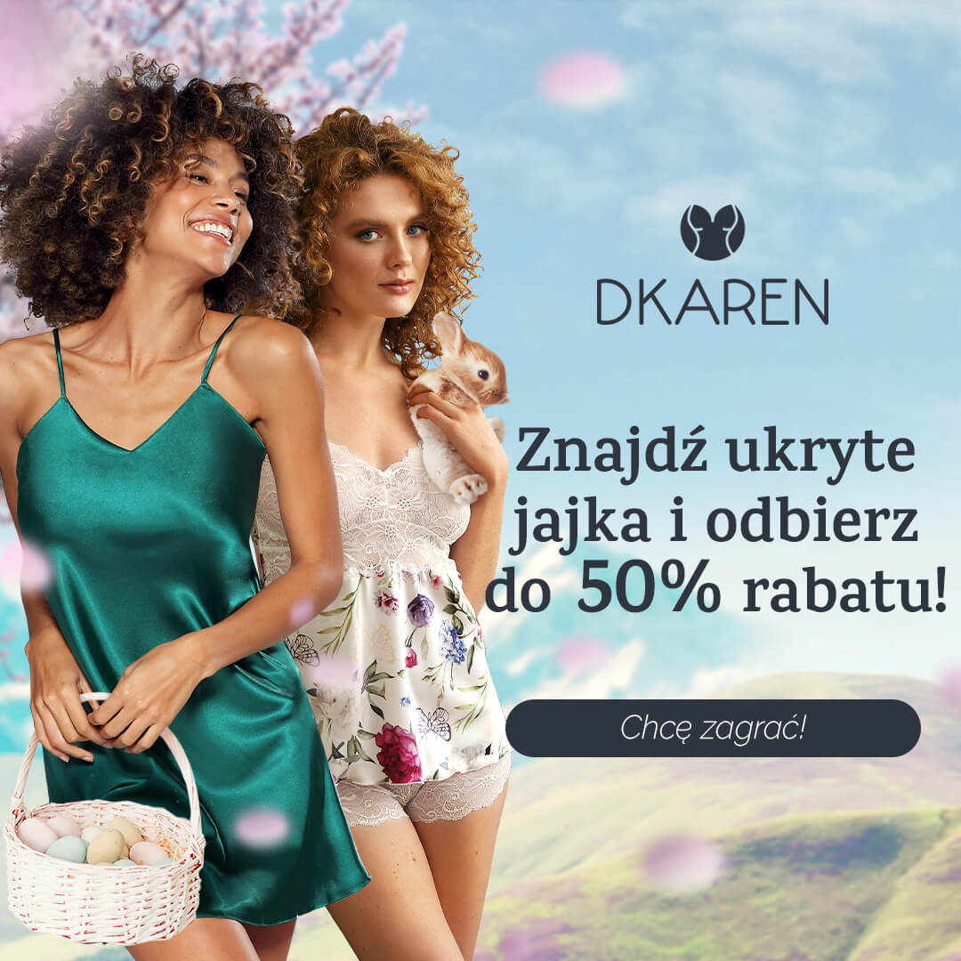 grafika do kampanii, na grafice dwie kobiety w produktach Dkaren trzymające koszyk i zajączka w tle wiosenny krajobraz