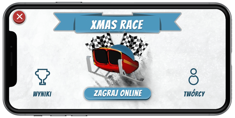 Mockup ekranu telefonu wyświetlający ekran startowy gry Xmas Race