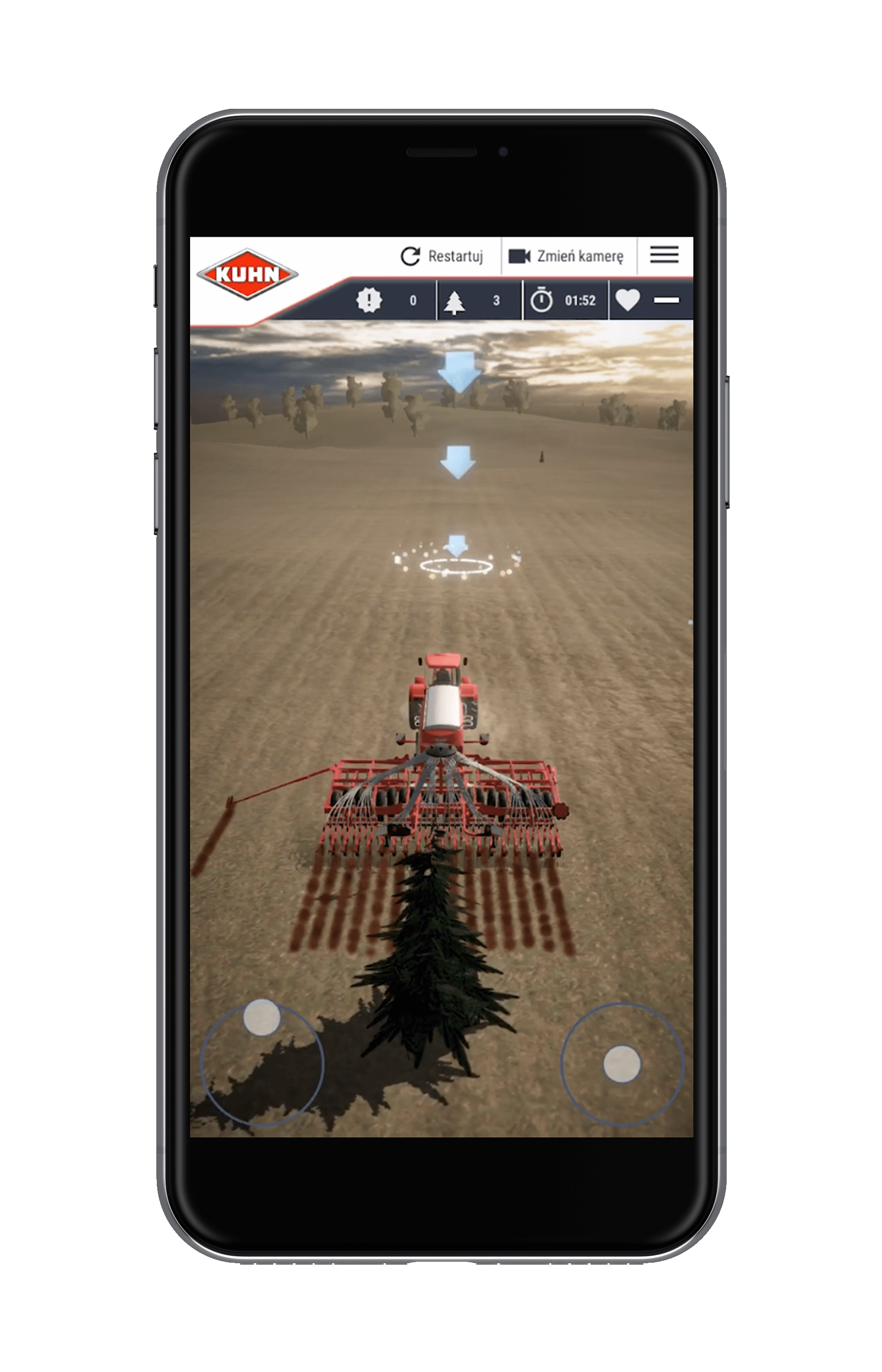 Ekran smartphon'a wyświetlający rozgrywkę gry świątecznej - sadzenie choinek