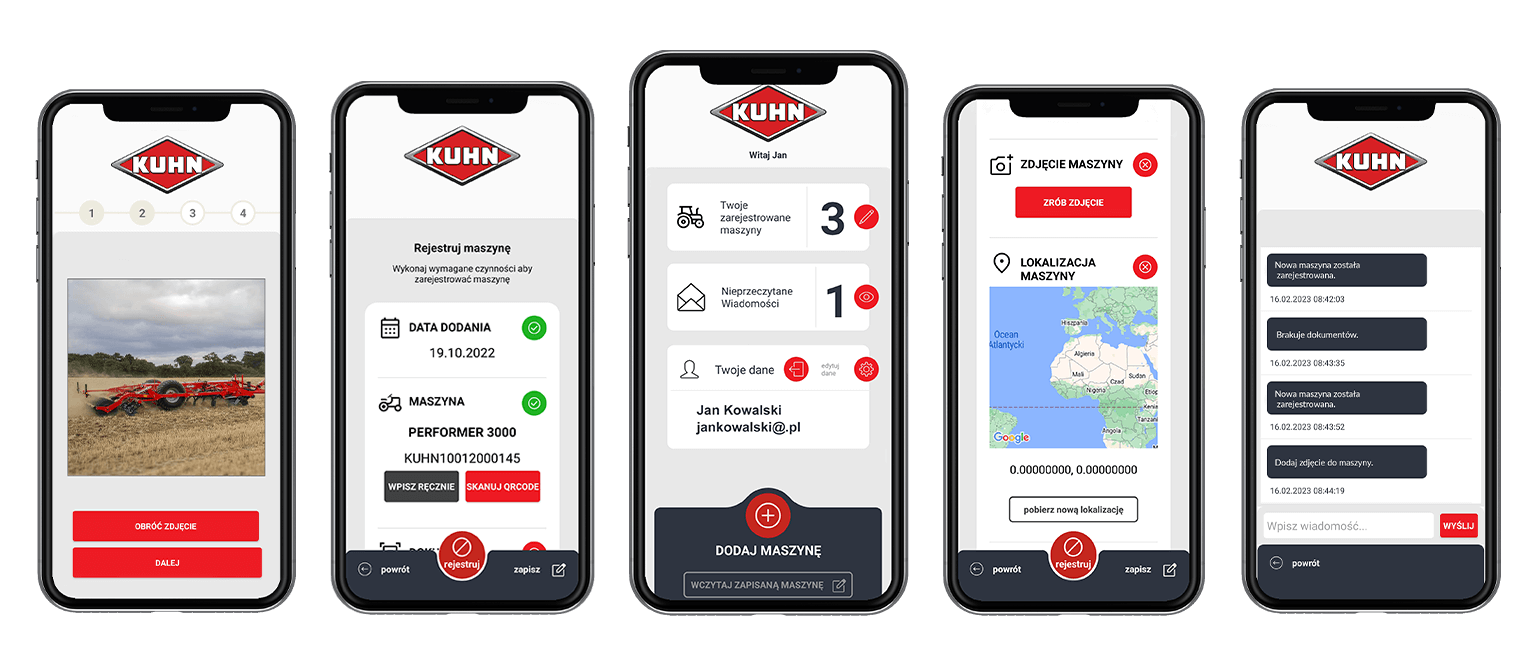 Ekrany aplikacji KUHN Service na kilku Iphonach